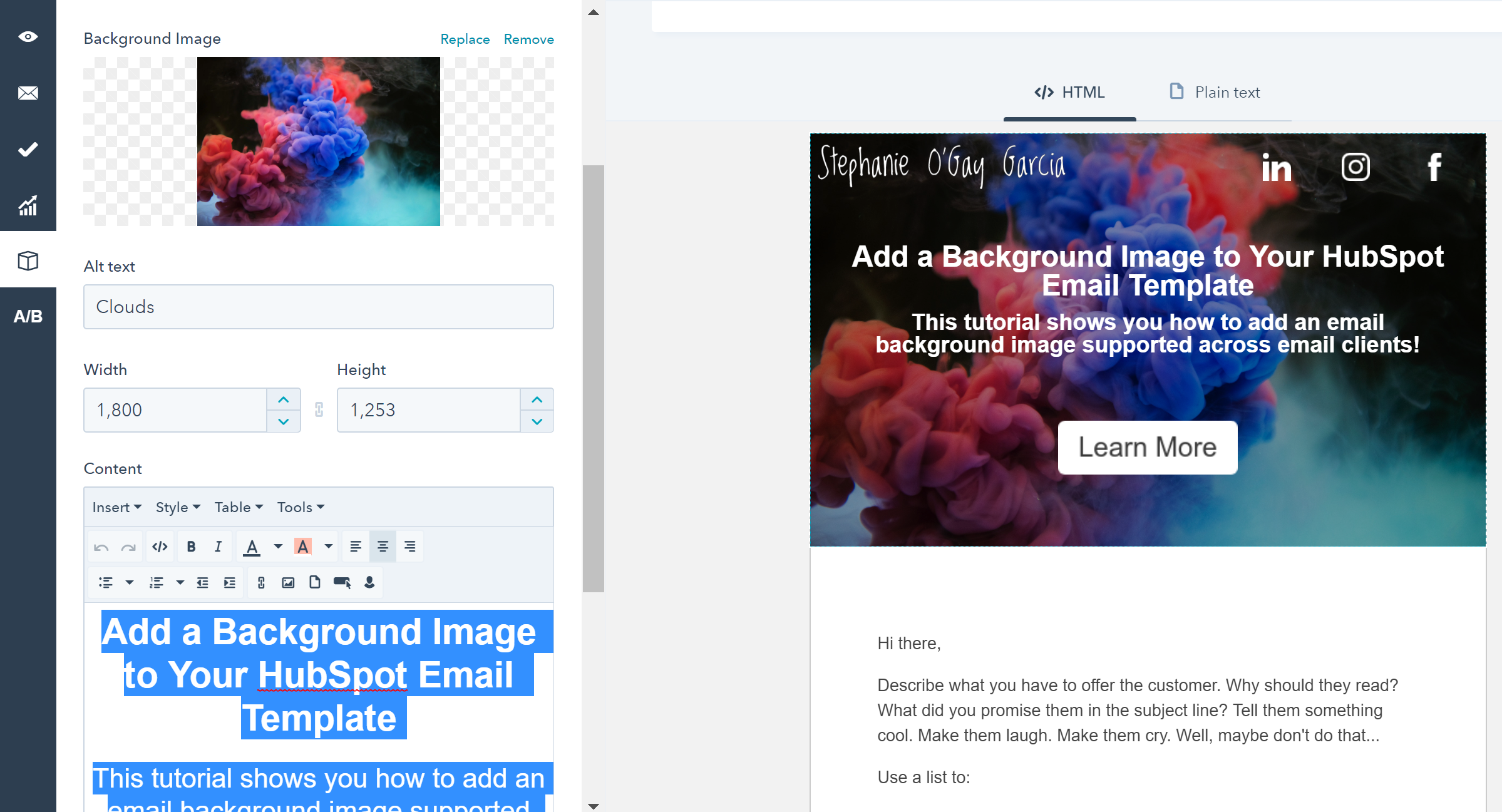add a background image to your hubspot email template email backgroud