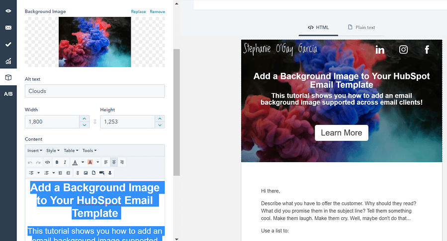 Add a background image to your HubSpot email template