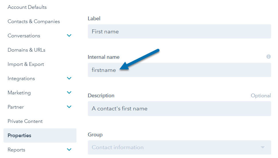 HubSpot Contact Properties - First Name Internal Value
