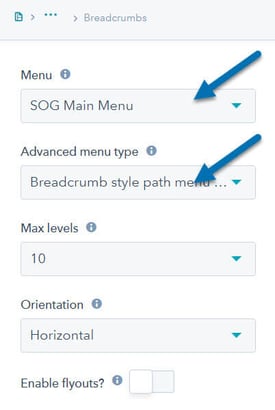 HubSpot breadcrumbs menu settings