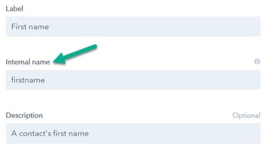 Shows the first name contact property with an arrow pointing at the internal name field