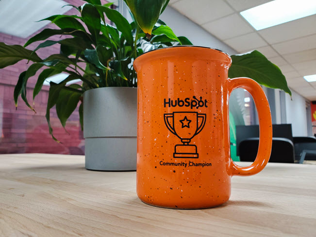 HubSpot Community Champion mug in front of a plant